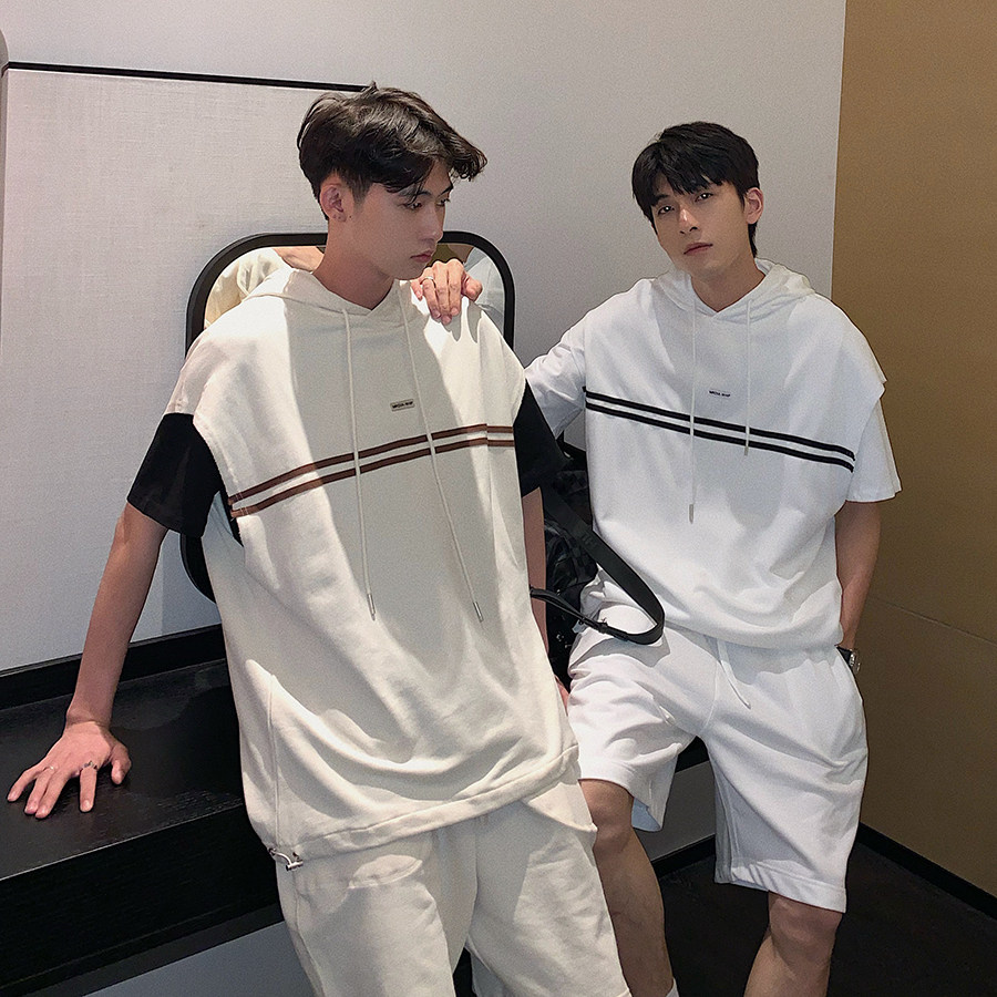 Hualun summer T-shirt handsome men's fashion sports suit men's hooded casual short-sleeved shorts handsome cotton