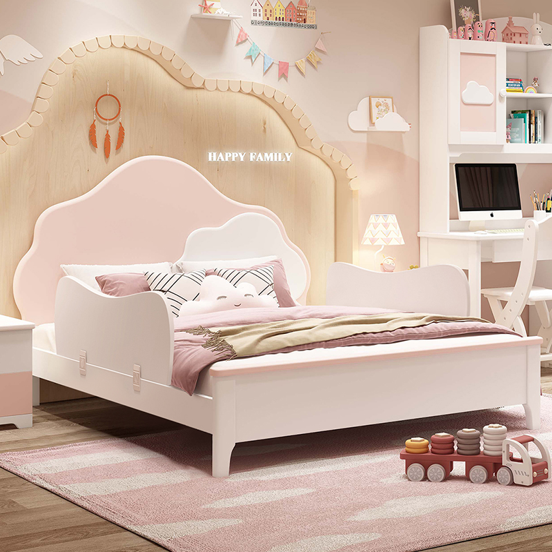 Pink cloud children's bed girl 1 5 meters modern simple solid wood single bed with guardrail 1 35 princess bed