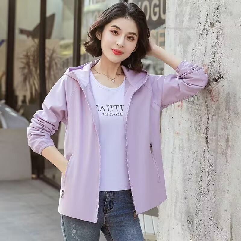 Spring and Autumn Women's Jacket Sports Casual Women's Double-Layer Purple Hooded Sunscreen Jacket Lightweight Slimming Hooded Top
