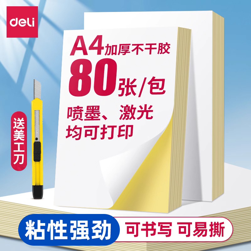 Deli A4 Adhesive Printing Paper, Matte Blank Label Stickers, Inkjet Laser Kraft Paper, Printable, Writable, Cuttable, A4 Thick Coated Paper Adhesive Stickers, Glossy Surface