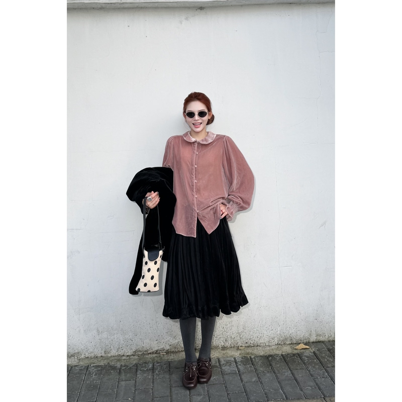 10.14/“Yuanbao Velvet” Autumn and Winter Layered Look~ Korean-Style French Doll Collar Lantern Bell Sleeve Velvet Shirt