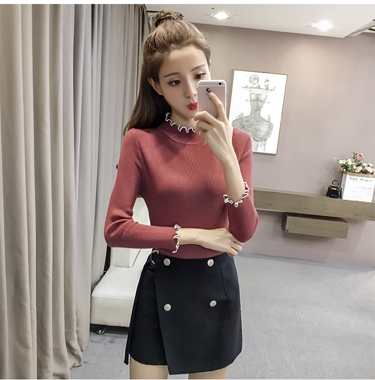 2018 mùa thu mới hoang dã bằng gỗ cổ tròn tay áo dài chạm đáy áo len nữ ngắn đoạn sinh viên áo len mỏng thủy triều thời trang nữ cao cấp