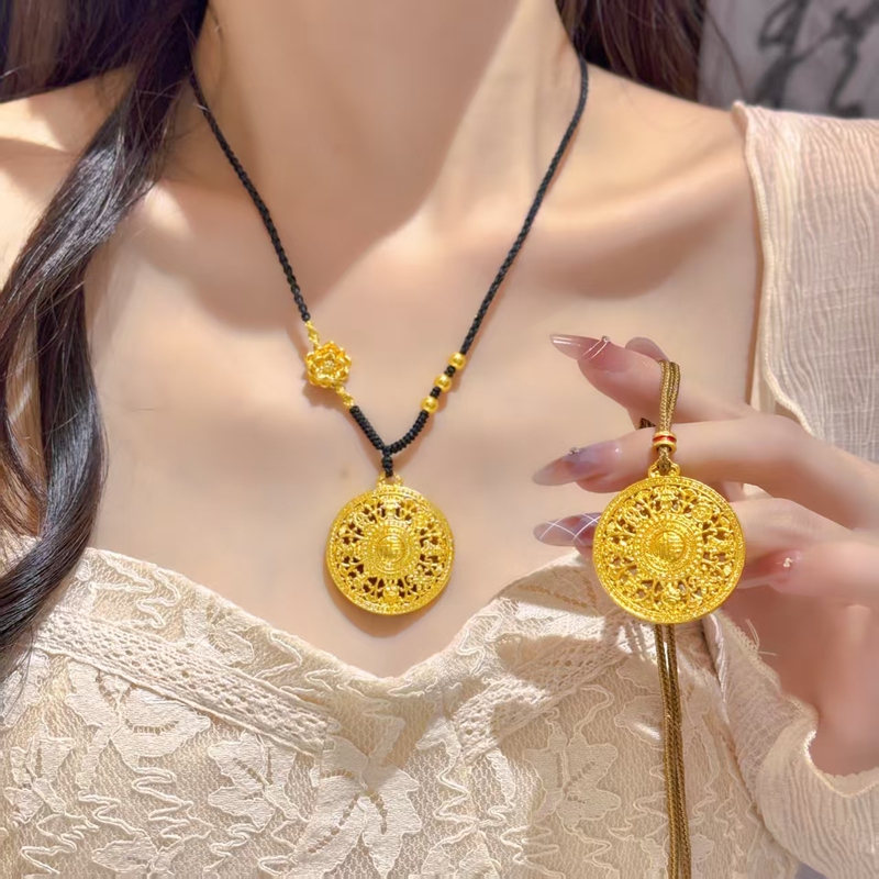 Gold Store Same Style Eight-Treasure Compass Pendant, Sand Gold Imitation Gold, Traditional Craftsmanship Pendant, Braided Rope, Unisex Sweater Chain
