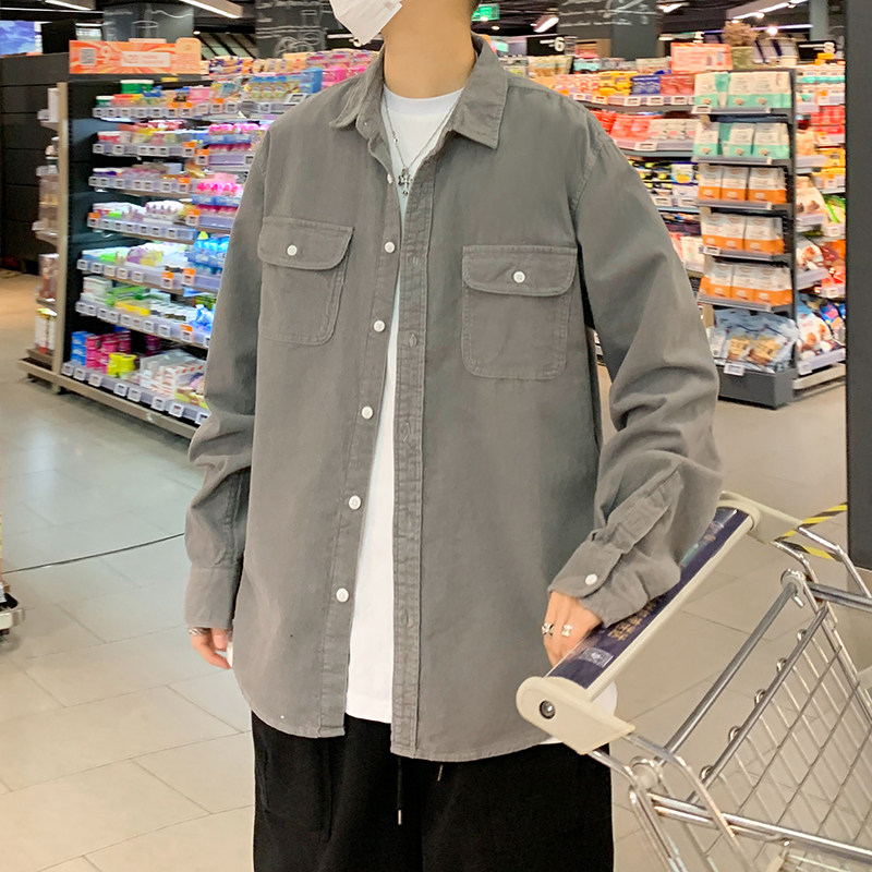 Tide lamp corvette long sleeve shirt coat male spring autumn retro-loose hundred and shirt double pocket