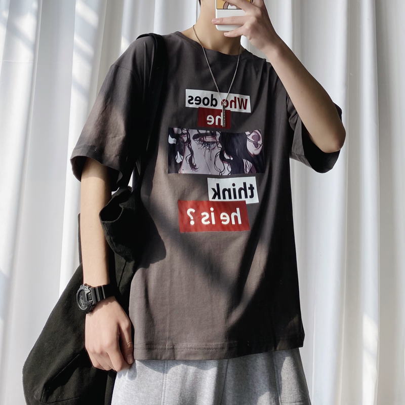 Short sleeve t-shirt mens tide brand personality fashion top clothes Harajuku port wind loose hip-hop cotton t-shirt half sleeve students