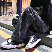 High Street Jeans Mens Straight Barrel Loose Ins Port Wind Retro Plaid Pants Pendant Sensation Broadlegged Pants Tidal hip hop straight
