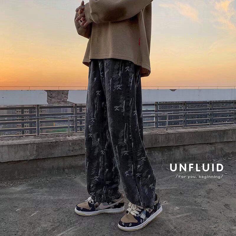2022 Jeans Men's Spring Fall Trend Ruffin's Casual Straight Drum Pants Harbor Wind Retro Printed Drag Long Pants