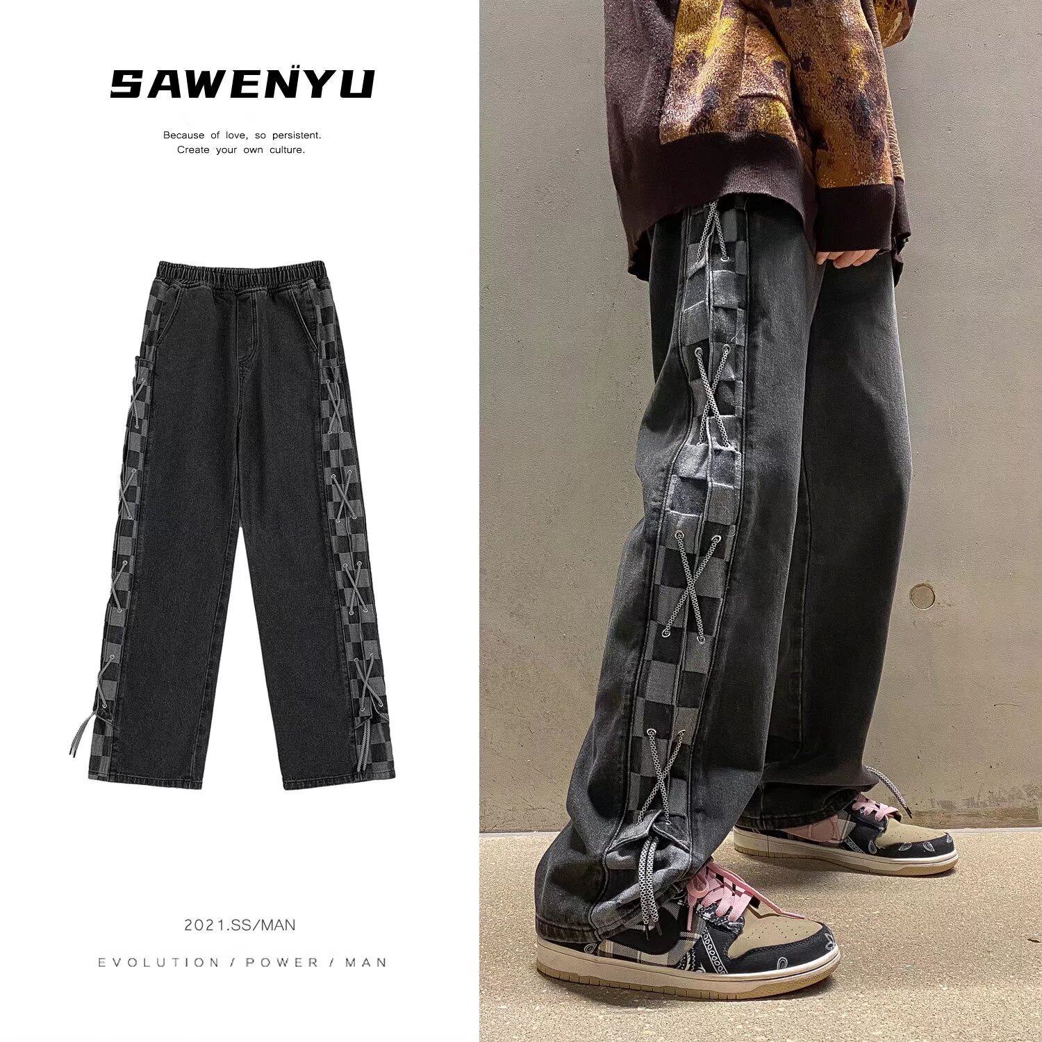 2023 board jeans men spring and autumn high street tide trousers of the harbor tide straight tube wide broad legs