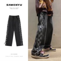 2022 checkerboard jeans Mens spring and autumn high street Chauchio ruffes PANTS PORT Pants Harbor Wind Trendy Straight Barrel Loose Broadlegs