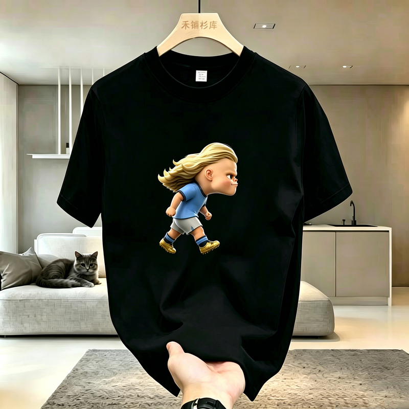 Tiktok Influencer World Cup Haaland Short-Sleeve T-Shirt for Men and Women, Printed, Loose-Fitting, Versatile, American Casual Top, Trendy