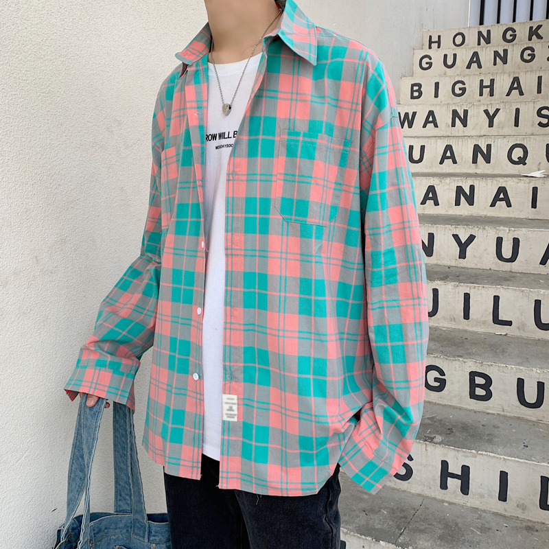 Japanese tide brand loose chic couple plaid shirt Men and women Hong Kong students long-sleeved jacket Korean version of the trend shirt