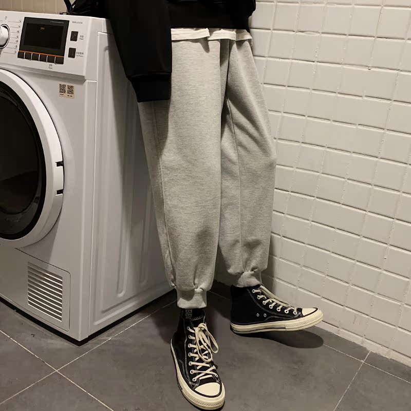 Sports wei pants mens trend wild spring and autumn drawstring solid color loose beam foot nine points casual pants mens tide students