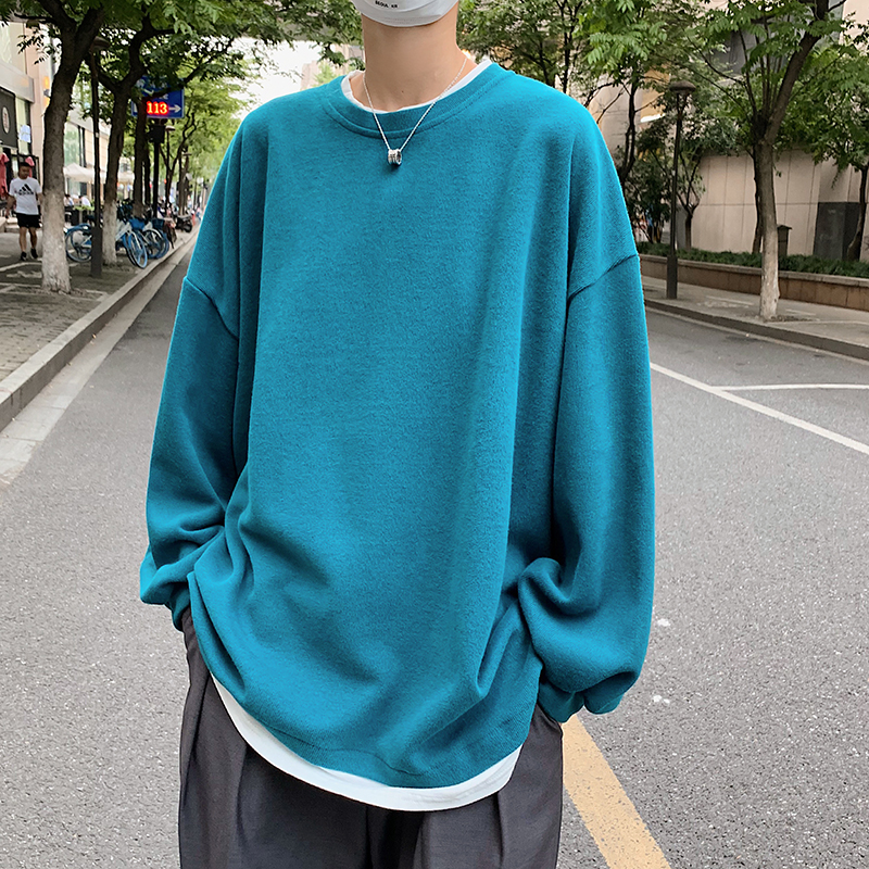 Harajuku Port Wind Mens long-sleeved t-shirt trend simple fake two-piece top Mens autumn wild cotton loose sweater