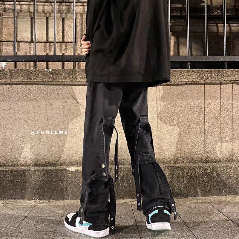 High street jeans Men's spring and autumn rufflees Relaxed Tide Card Casual Pants Dark Black Personality Hip Hop Vibe Pants Wins