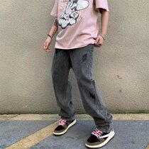 2022 Spring Autumn New Tide Cards Easy to do Old washed Lightning leather embroidered jeans Men and women High Street grey pants