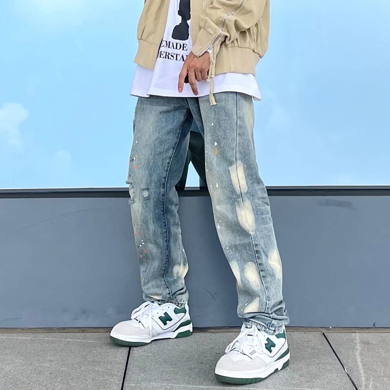 Personality Hip Hop Jeans Tidal man Chains High Street Straight tube Spring autumn American vibe Broken Hole Casual Long Pants
