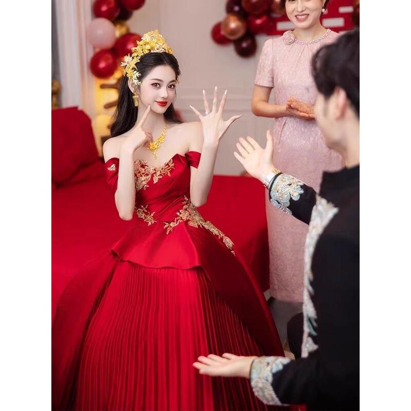 Burgundy Evening Dress 2025 New Style Toast Dress Bride Wedding High-End Off-Shoulder Performance Dress
