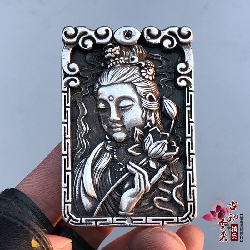 Antique collection Miao silver sterling copper plated silver white copper silver pendant waist card token bronze lotus guanyin