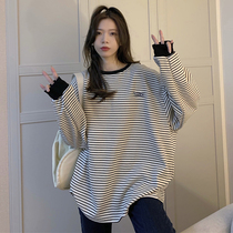 Fat mm Striped base shirt Women Autumn and Winter 2021 New Korean version of Joker Plus Size Loose Bread T-shirt Top