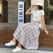 2021 spring and summer new check skirt female Korean version of high waist A- line dress Joker umbrella skirt long dress skirt