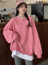 Pink fake two pieces of sweater female spring and autumn lazy wind Korean version of loose letter plus velvet padded medium and long coat tide