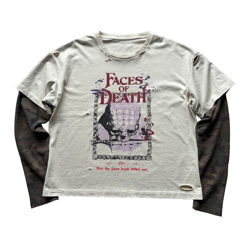 Fauncrew Faces of Death Undead Skeleton Fake Two-Piece Distressed Camouflage Waffle Stitching Long Sleeve Fauncrew Faces of Death Undead Skeleton Fake Two-Piece Distressed Camouflage Waffle Stitching Long Sleeve