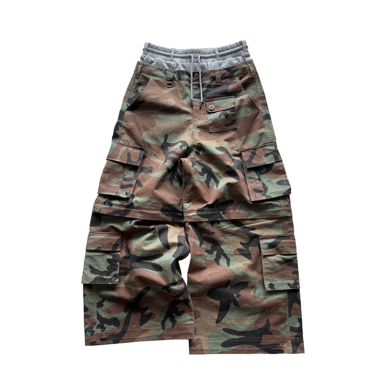 Fauncrew Camouflage Double-Waist Detachable Cargo Pants Wide-Leg Multi-Pocket Cargo Trousers Convertible to Three-Quarter Pants Fauncrew Camouflage Double-Waist Detachable Cargo Pants Wide-Leg Multi-Pocket Cargo Trousers Convertible to Three-Quarter Pants