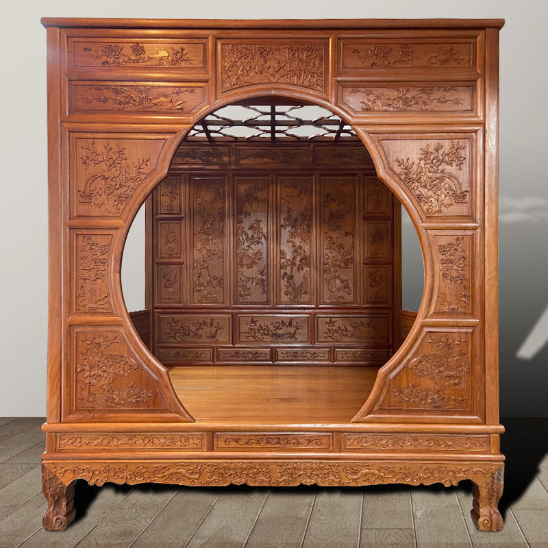 Solid wood imitation complex classical moon cave bed ancient shelf bed Chinese carved thousand workers step bed stepping bed double marriage bed