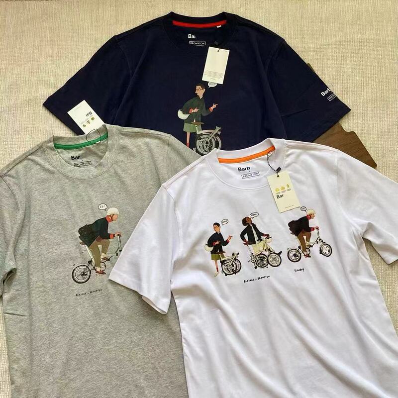 Bar X Brompton Collaboration Bicycle Print Short-Sleeve Vintage Illustration Crew Neck T-Shirt Casual Top Unisex Summer