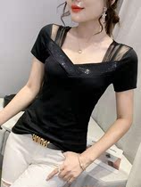 Counter sexy V-collar t-shirt womens short sleeve summer niche design sense mesh splicing top fashion hot Diamond