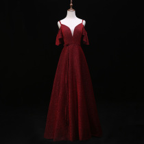 Bride wedding toast dress long 2021 new spring red suspender engagement dress annual meeting back door evening dress female