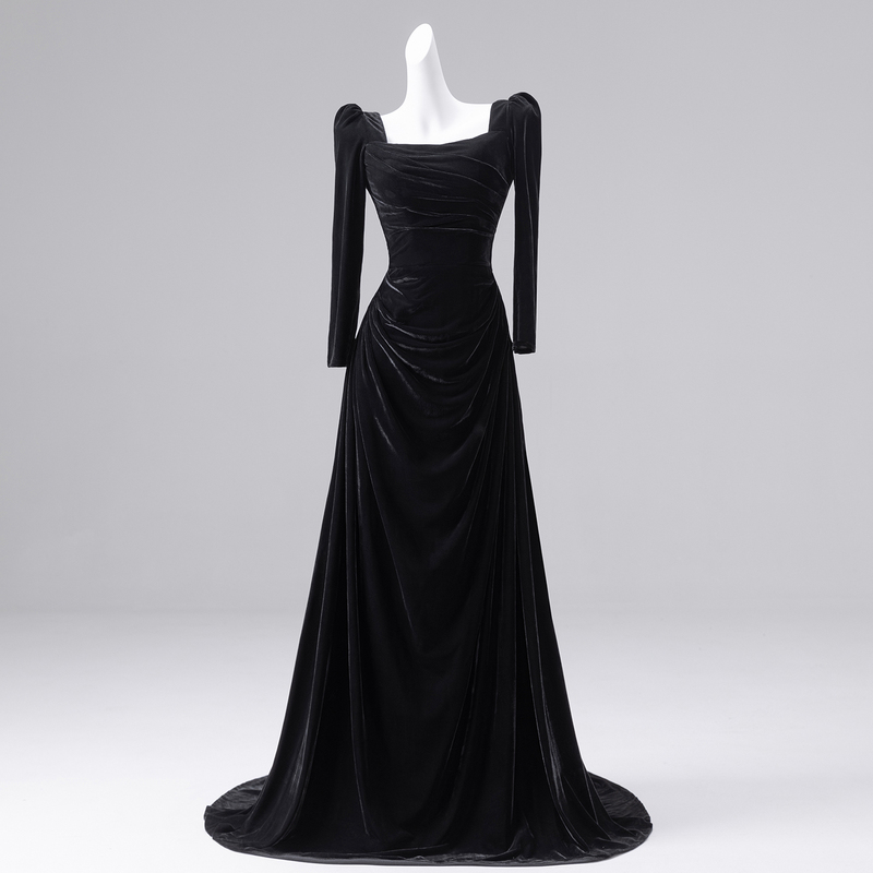 Black Square-Neck Long-Sleeved Evening Dress for Women, Classy Elegant Lady, Banquet Performance, Student Art Exam, Piano Performance Long Dress