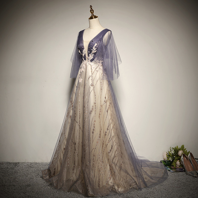 Conspicuthin V Collar Sexy Nail Pearl Sequin Gown Long Version Wedding Gala Dinner Party Gown Dress