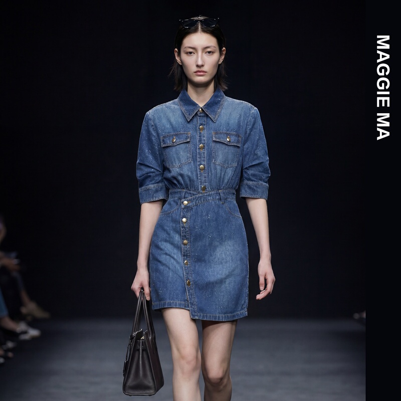 Designer Ma Jing's Light Luxury and High-End Denim Workwear Dress for Women, Summer Mid-Sleeve Fashionable Waist-Cinching Dress Designer Ma Jing's Light Luxury and High-End Denim Workwear Dress for Women, Summer Mid-Sleeve Fashionable Waist-Cinching Dress
