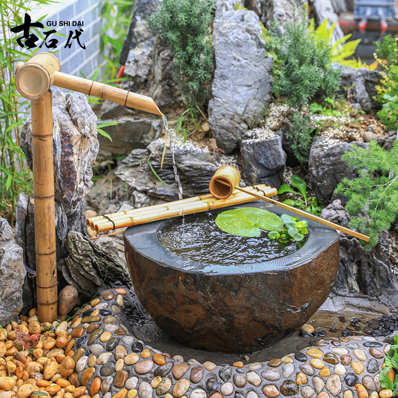 Japanese-Style Courtyard Water Trough Stone Trough Flowing Water Deer Drip Water Outdoor Stone Bowl Squatting Saw Landscaping Decoration Villa Garden Water Bowl