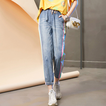 Europe Station Light Color Jeans Women 2022 Spring New European Goods Fashion Stripes Splicing Elastic Waist Bunch legs Harun pants