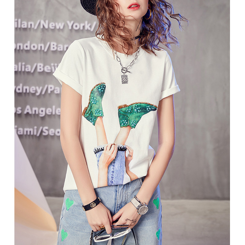 European station white short-sleeved T-shirt women's summer 2022 new Western style with printed beaded loose bottoming shirt trendy