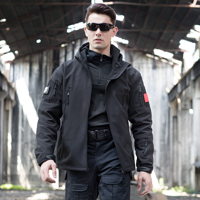 Outdoor Fleece Tactical Suit Set Soft Shell Sharkskin Jacket with Fleece Lining, Thickened Windproof Hooded Jacket Coat