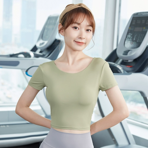Спортивная одежда для йоги, летний дышащий топ с чашечками, футболка для спортзала, короткий рукав, красивая спина, в обтяжку, для бега