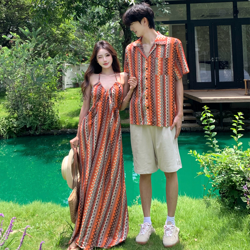 Couple Outfits Summer Bohemian Style Orange Suspender Dress Vacation Beach Dress Design Short-Sleeved Shirt for Men Couple Outfits Summer Bohemian Style Orange Suspender Dress Vacation Beach Dress Design Short-Sleeved Shirt for Men