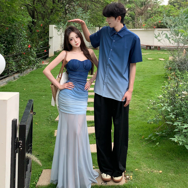 Vacation-Style Couple Outfits, High-End Suits, One Skirt and One Shirt, Summer Blue Gradient Dress, Seaside Tube Top Long Dress