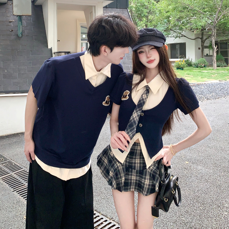 Couple Outfits 2026 New Summer Hot Girl Fake Two-Piece Short-Sleeved Plaid Skirt Suit College Style One Skirt One Top