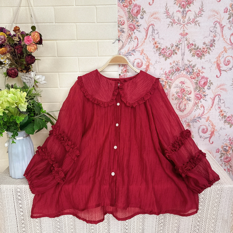 《Mi Li》63647 Doll Collar Ruffled Pleated Loose Versatile Age-Reducing Shirt 《Mi Li》63647 Doll Collar Ruffled Pleated Loose Versatile Age-Reducing Shirt
