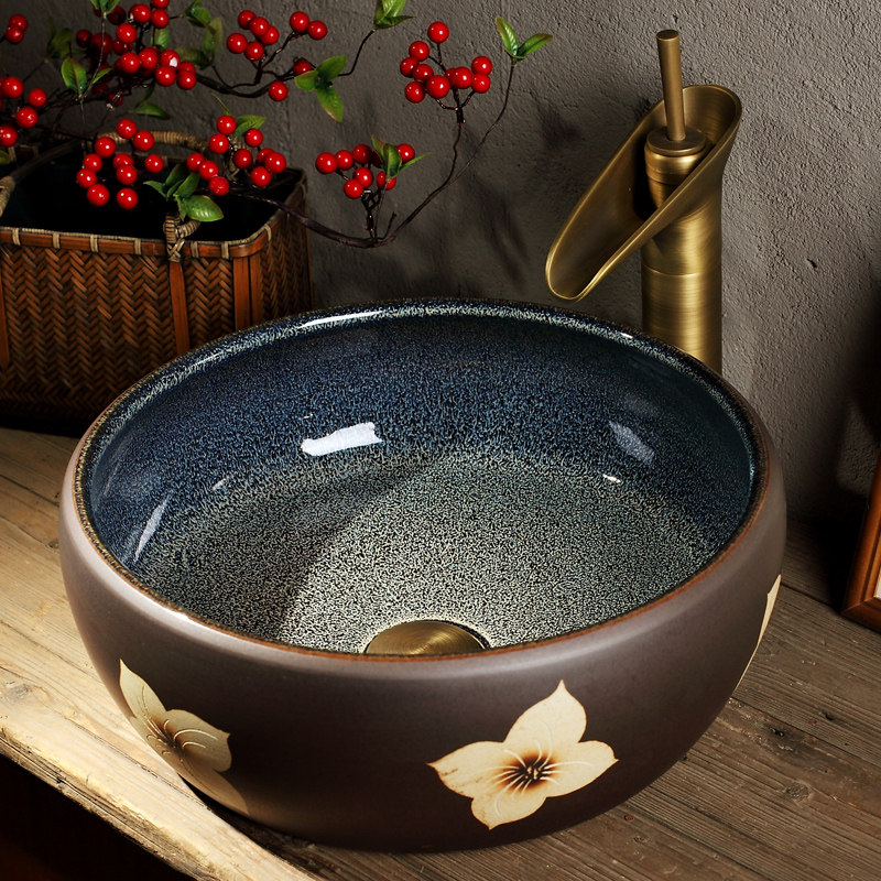 Jingdezhen Ceramic washbasin Art washbasin European style retro terrace basin round washing surface basin Home table basin