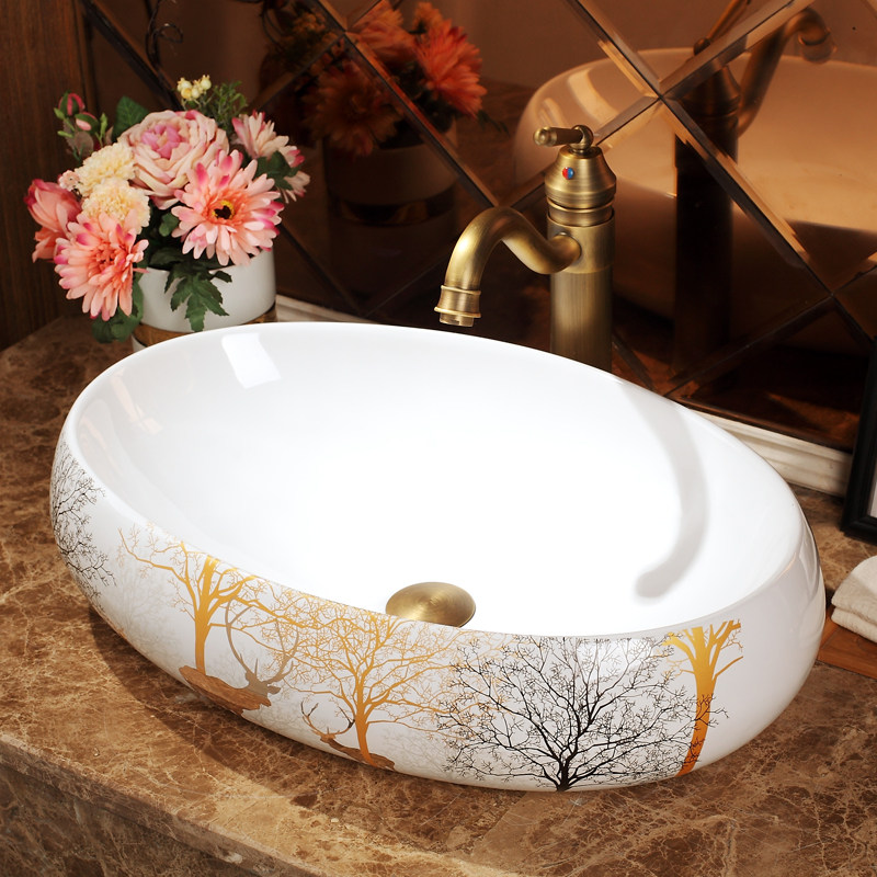 European-style ceramic washbasin countertop basin washbasin art basin wash make-up room household oval washbasin - Taobao