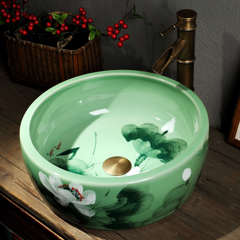 Floor basin Ceramic washbasin round hotel home art wash basin hand-painted lotus s 35cm basin
