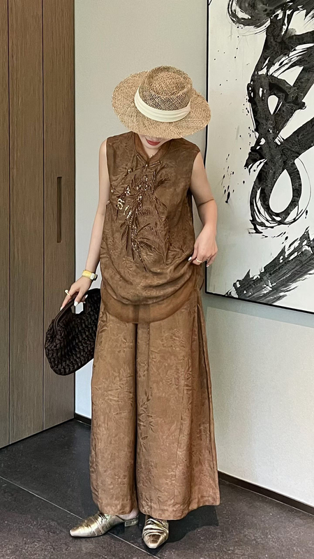 In-Stock Yani Laxia New Chinese-Style Heavy Embroidery Youthful and Stylish Vest + Wide-Leg Pants Slimming Set 7965
