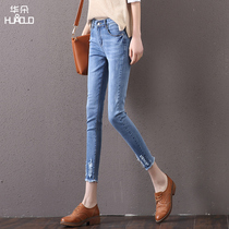 Spring and summer 2021 high waist jeans Womens New Tide hole slim body slim stretch stretch small feet pencil ankle-length pants women