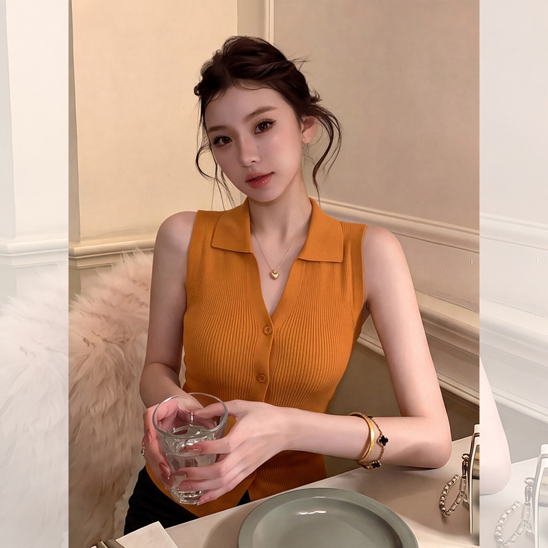Korean-Style Elegant Orange Polo Collar Knitted Sleeveless Vest for Women, Unique and Beautiful Slim-Fit Top for Petite Figures in Summer Korean-Style Elegant Orange Polo Collar Knitted Sleeveless Vest for Women, Unique and Beautiful Slim-Fit Top for Petite Figures in Summer