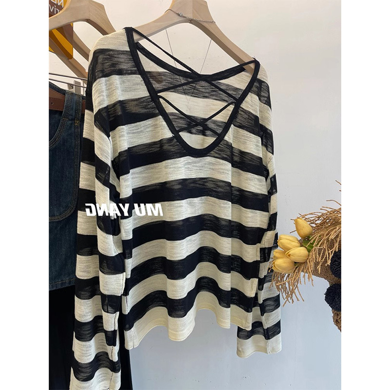 Black and White Striped Thin Backless Ice Silk Top for Women, Summer Loose Sun Protection Knitted Cover-Up with Straps